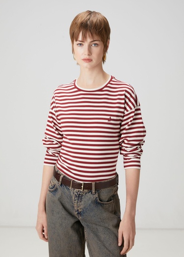  Beymen Club Kadın Bordo Beyaz Çizgili Basic Sweatshirt