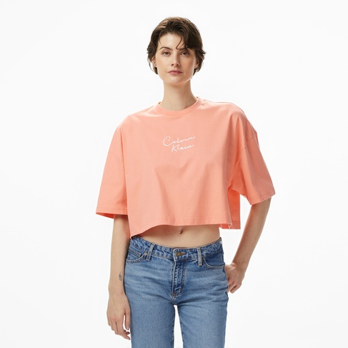  Calvin Klein Cropped Boxy Chain Stitch Logo Kadın Turuncu T-Shirt