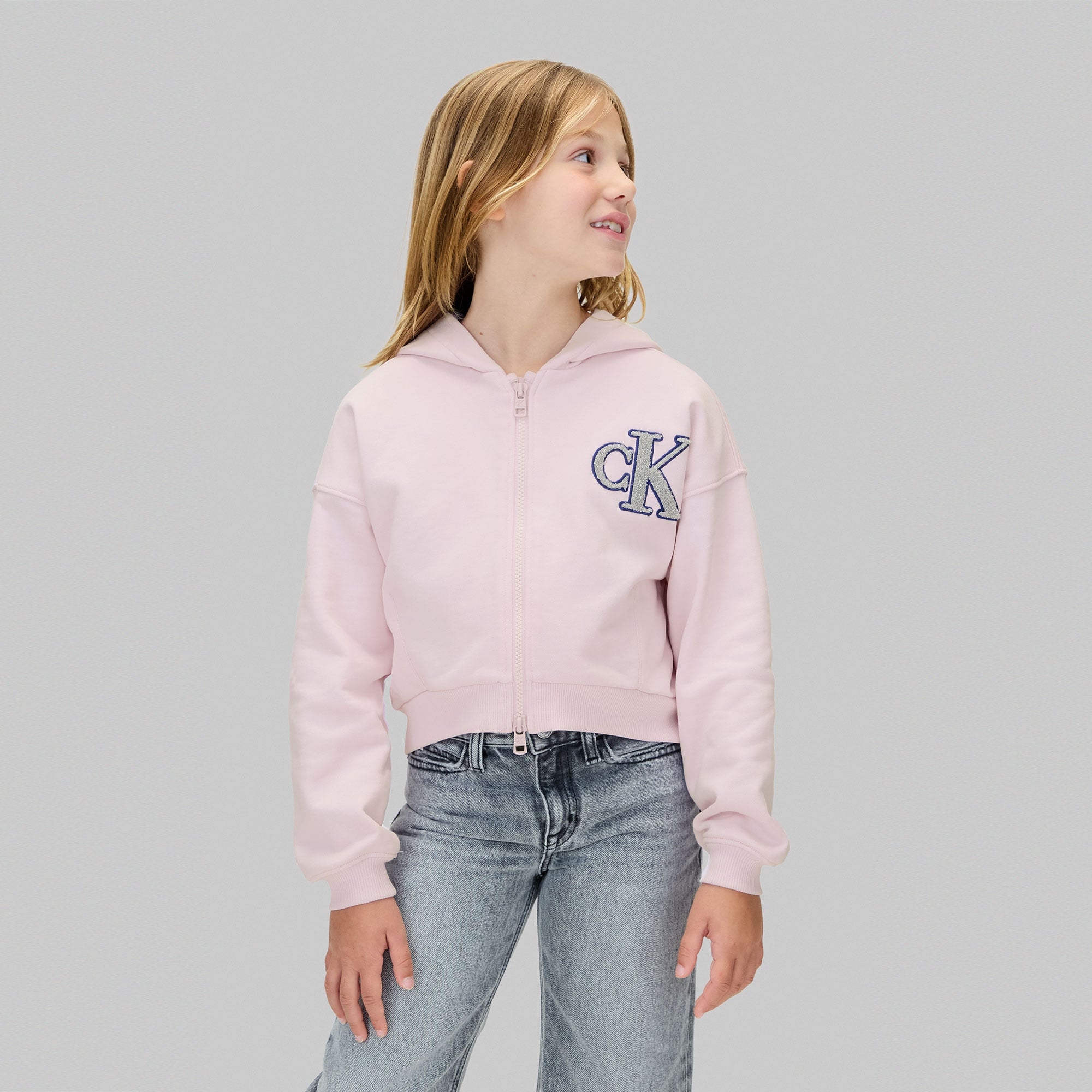 Calvin Klein Logo Terry Zip Through Çocuk Pembe Sweatshirt