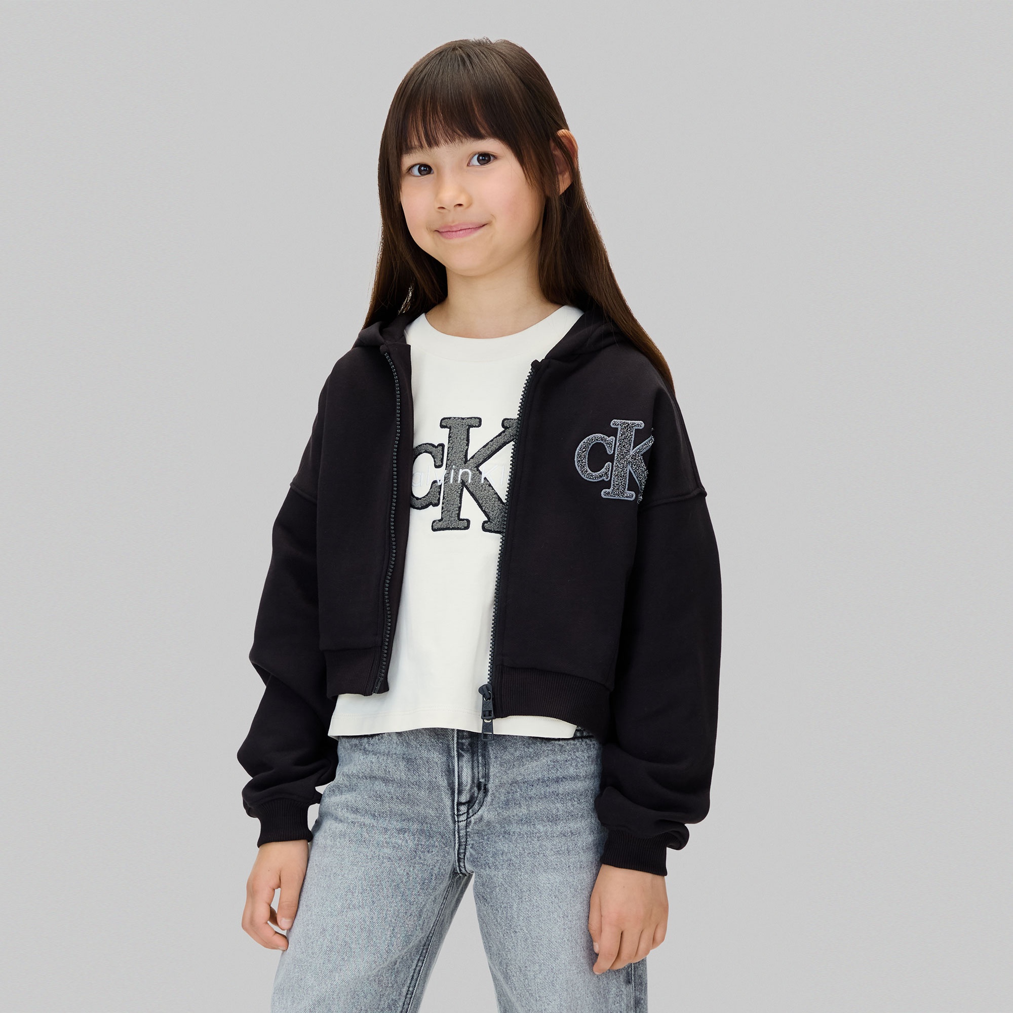 Calvin Klein Logo Terry Zip Through Çocuk Siyah Sweatshirt