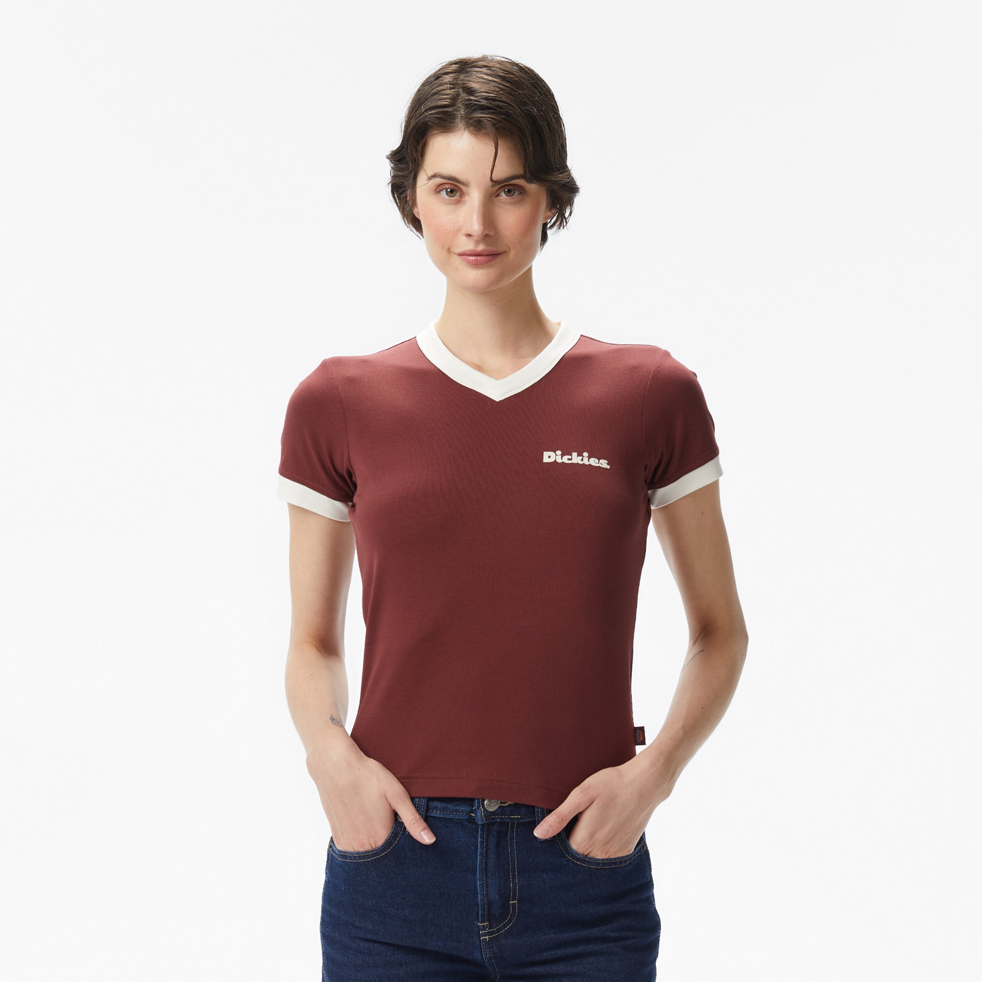  Dickies Slayden Ringer Kadın Kahverengi T-Shirt