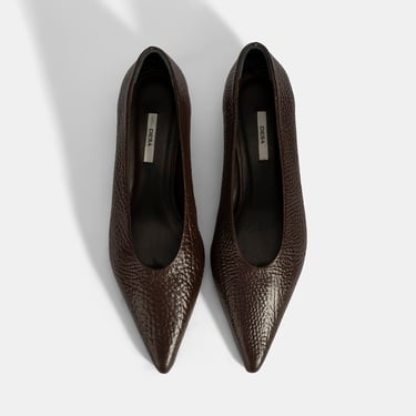  Kadın Kahve İnce Kısa Topuklu Deri Ayakkabı