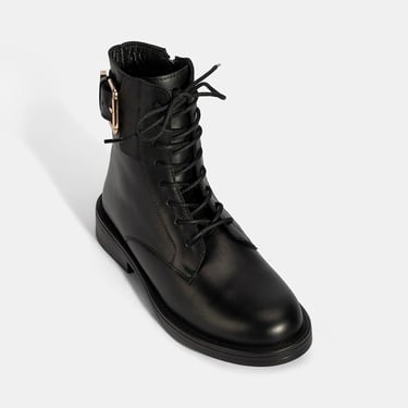  Kadın Siyah Bağcıklı Deri Postal Bot