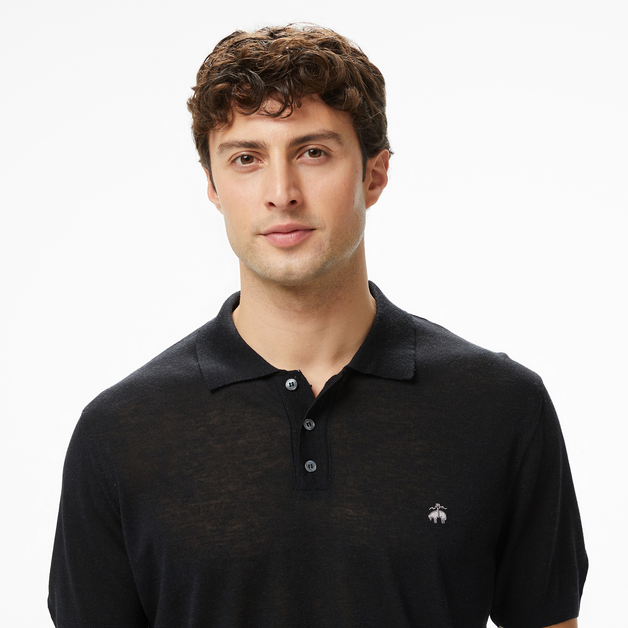 Brooks Brothers Polo Yaka Kısa Kol Keten Karışımlı Erkek Siyah Kazak