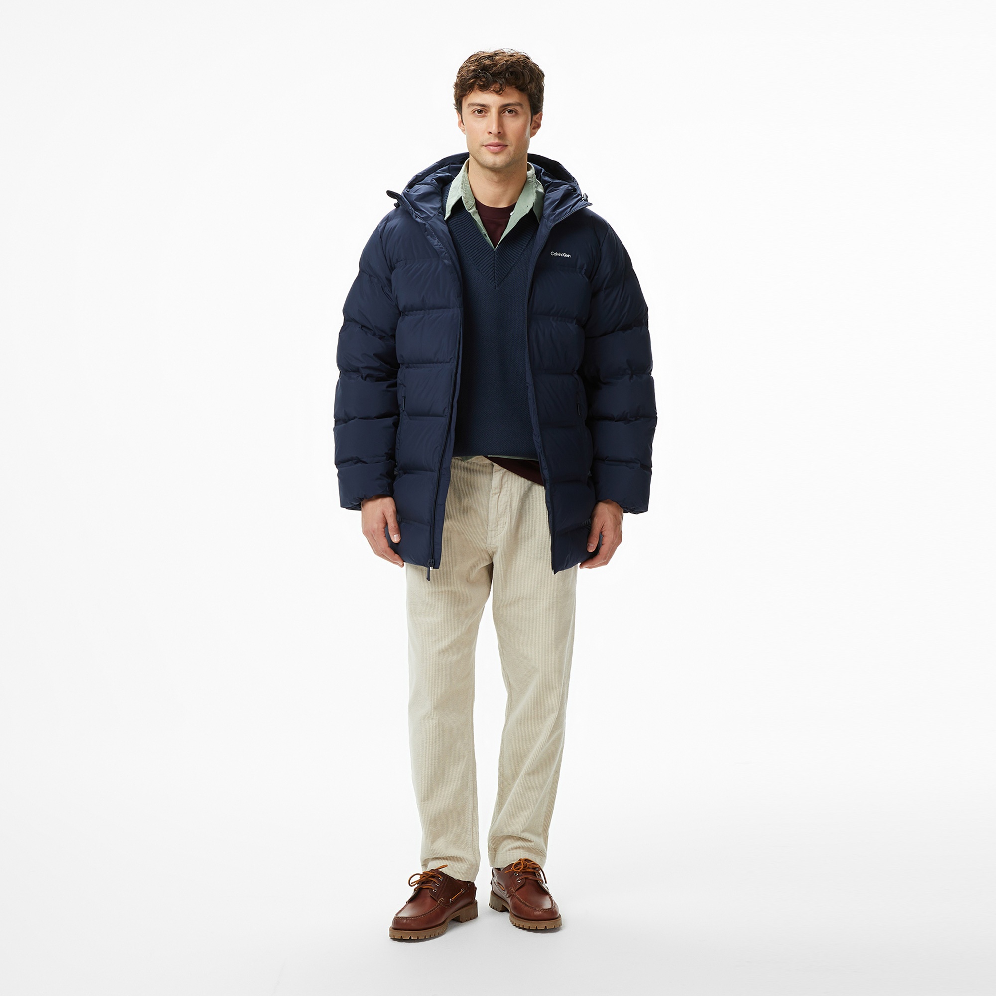 Calvin Klein Bonded Long Hooded Erkek Mavi Puffer Mont