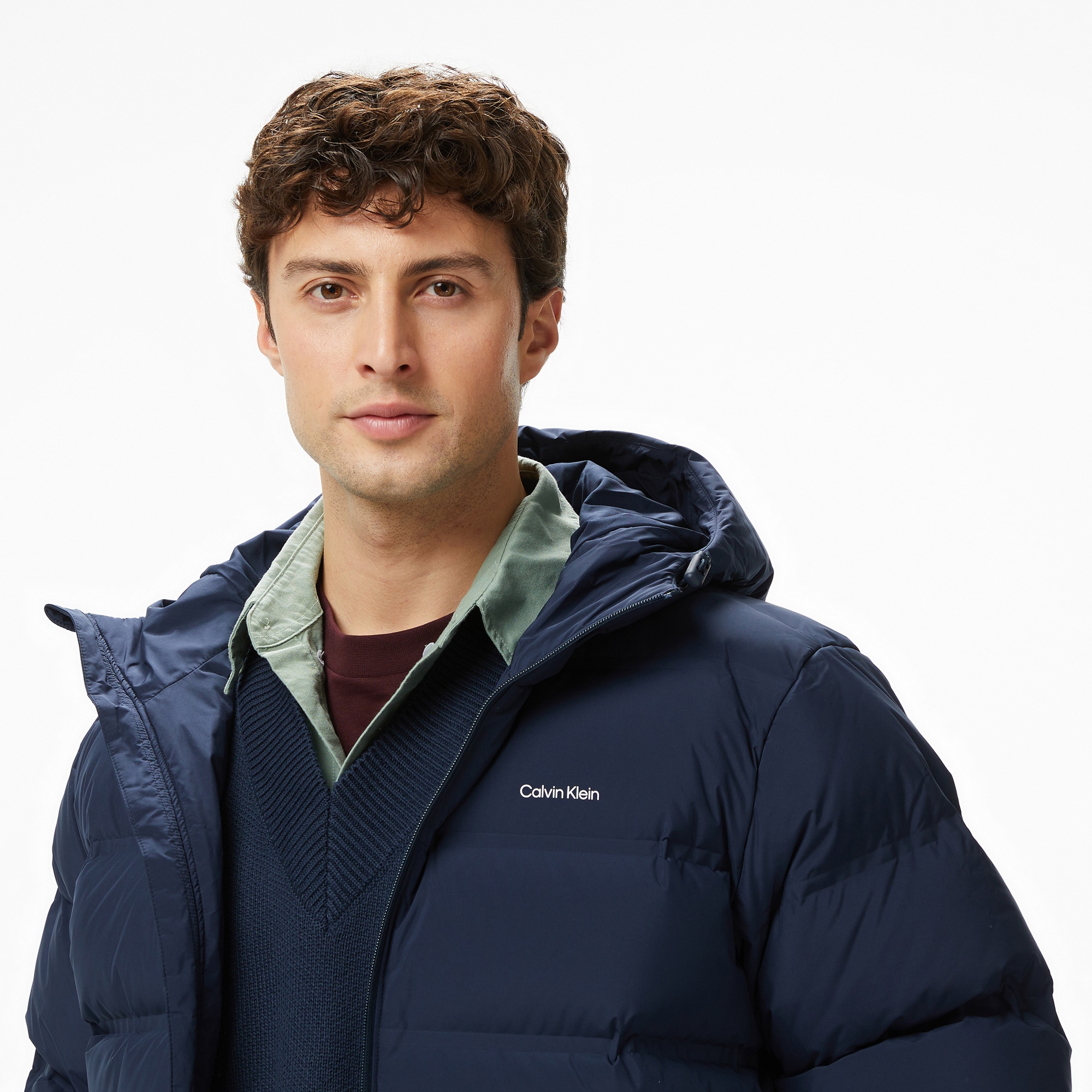 Calvin Klein Bonded Long Hooded Erkek Mavi Puffer Mont