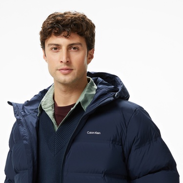  Calvin Klein Bonded Long Hooded Erkek Mavi Puffer Mont