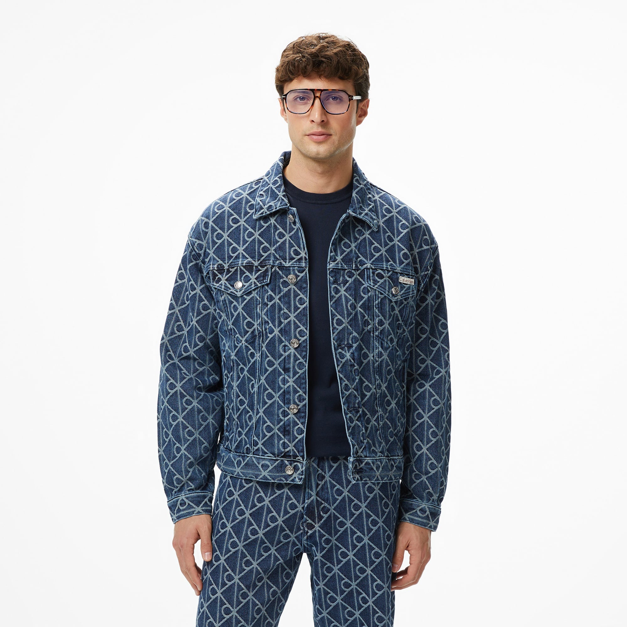 Calvin Klein 90S Indigo Emblem Jacquard Truck Erkek Mavi Ceket