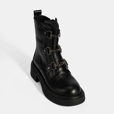  Kadın Siyah Metal Toka Detaylı Deri Postal Bot