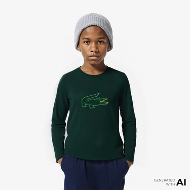  Lacoste Erkek Çocuk Uzun Kollu Bisiklet Yaka Baskılı Yeşil T-Shirt