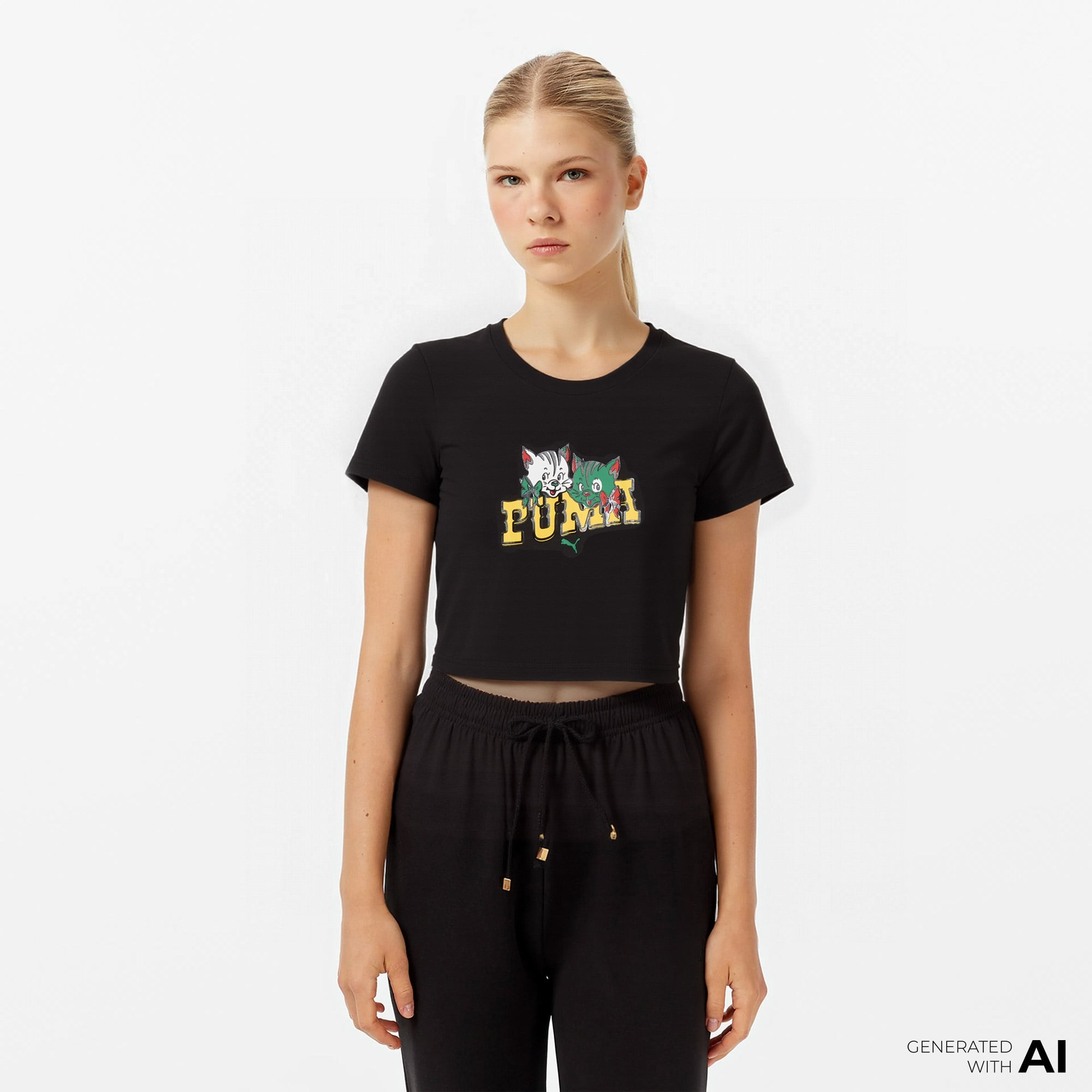 Puma Graphic Kitten Baby Kadın Siyah T-Shirt