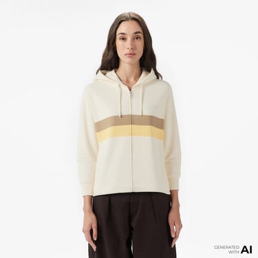  Lacoste Kadın Relaxed Fit Kapüşonlu Renk Bloklu Krem Sweatshirt