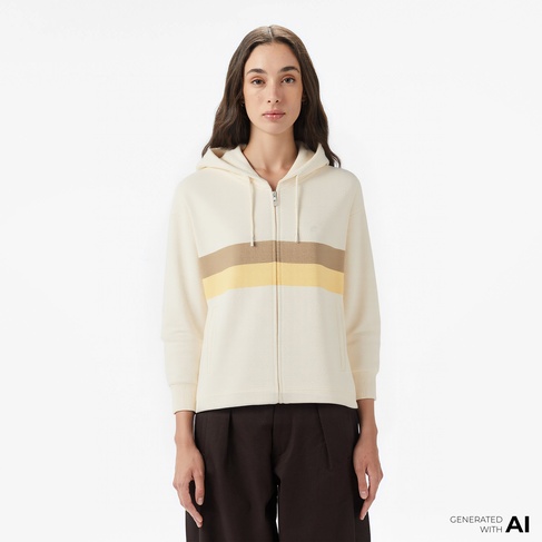  Lacoste Kadın Relaxed Fit Kapüşonlu Renk Bloklu Krem Sweatshirt