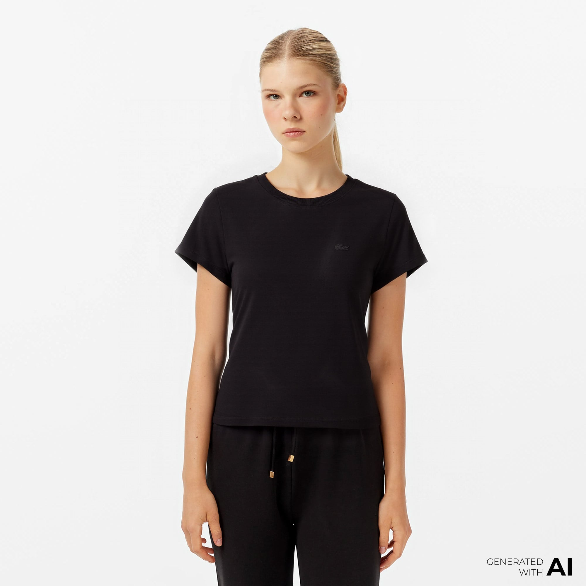 Lacoste Kadın Loose Fit Bisiklet Yaka Siyah T-Shirt