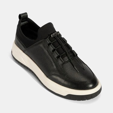  Erkek Siyah Lastik Bağcıklı Deri Sneaker
