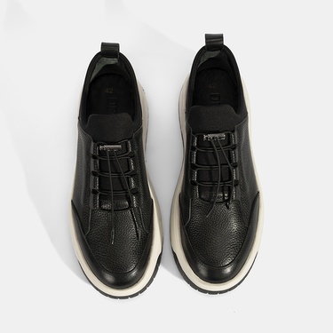  Erkek Siyah Lastik Bağcıklı Deri Sneaker