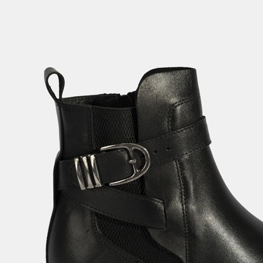  Kadın Siyah Ayarlanabilir Metal Tokalı Deri Bot