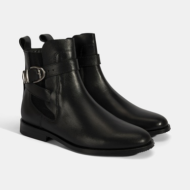  Kadın Siyah Ayarlanabilir Metal Tokalı Deri Bot