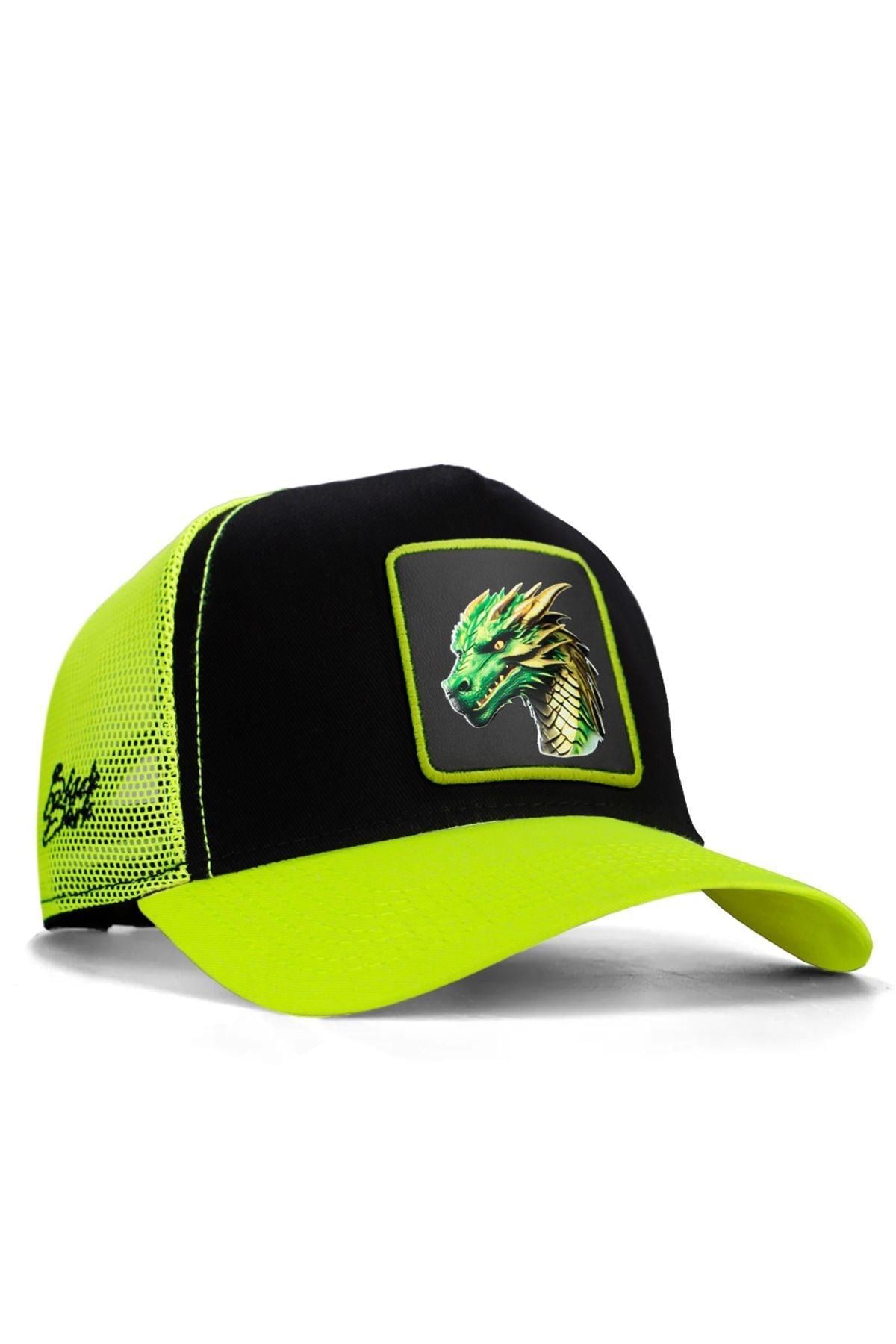  BlackBörk, Ejderha Logolu Neon-Siyah Trucker Şapka, Unisex