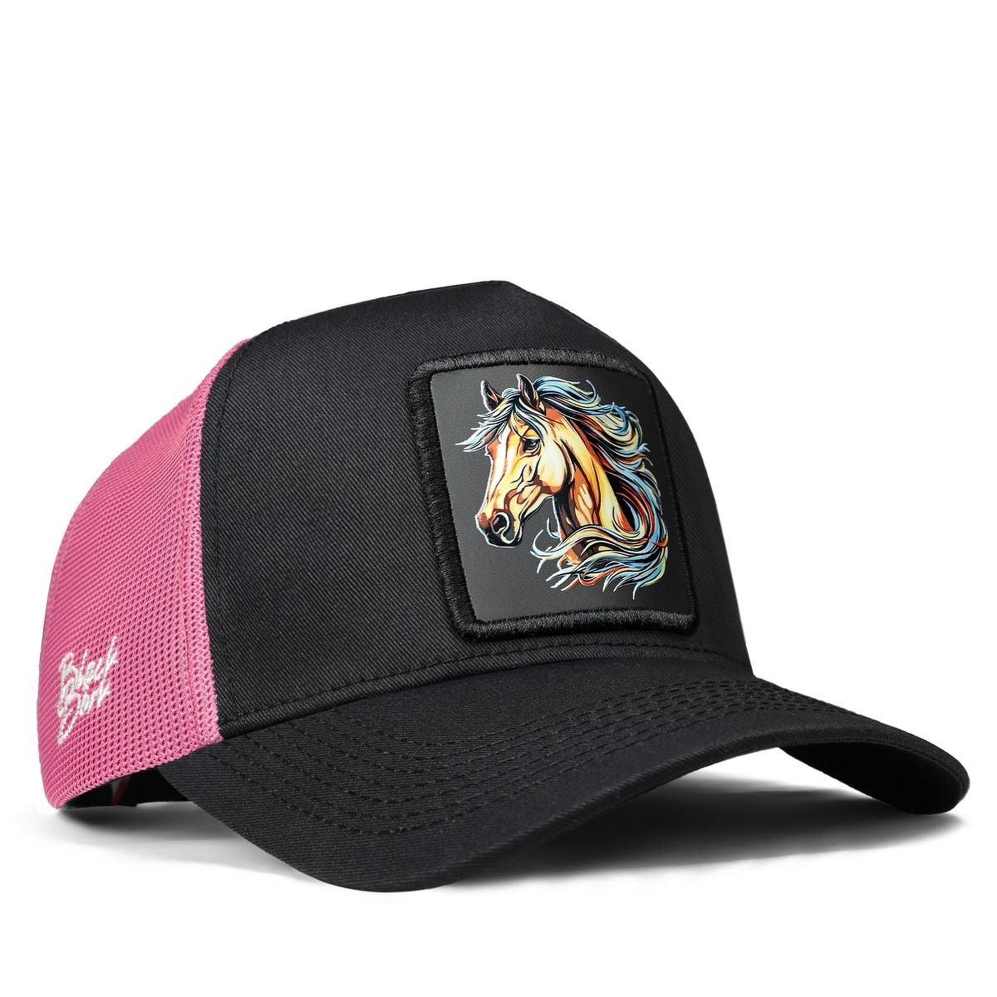 BlackBörk, At Logolu Siyah-Pembe Trucker Şapka, Unisex
