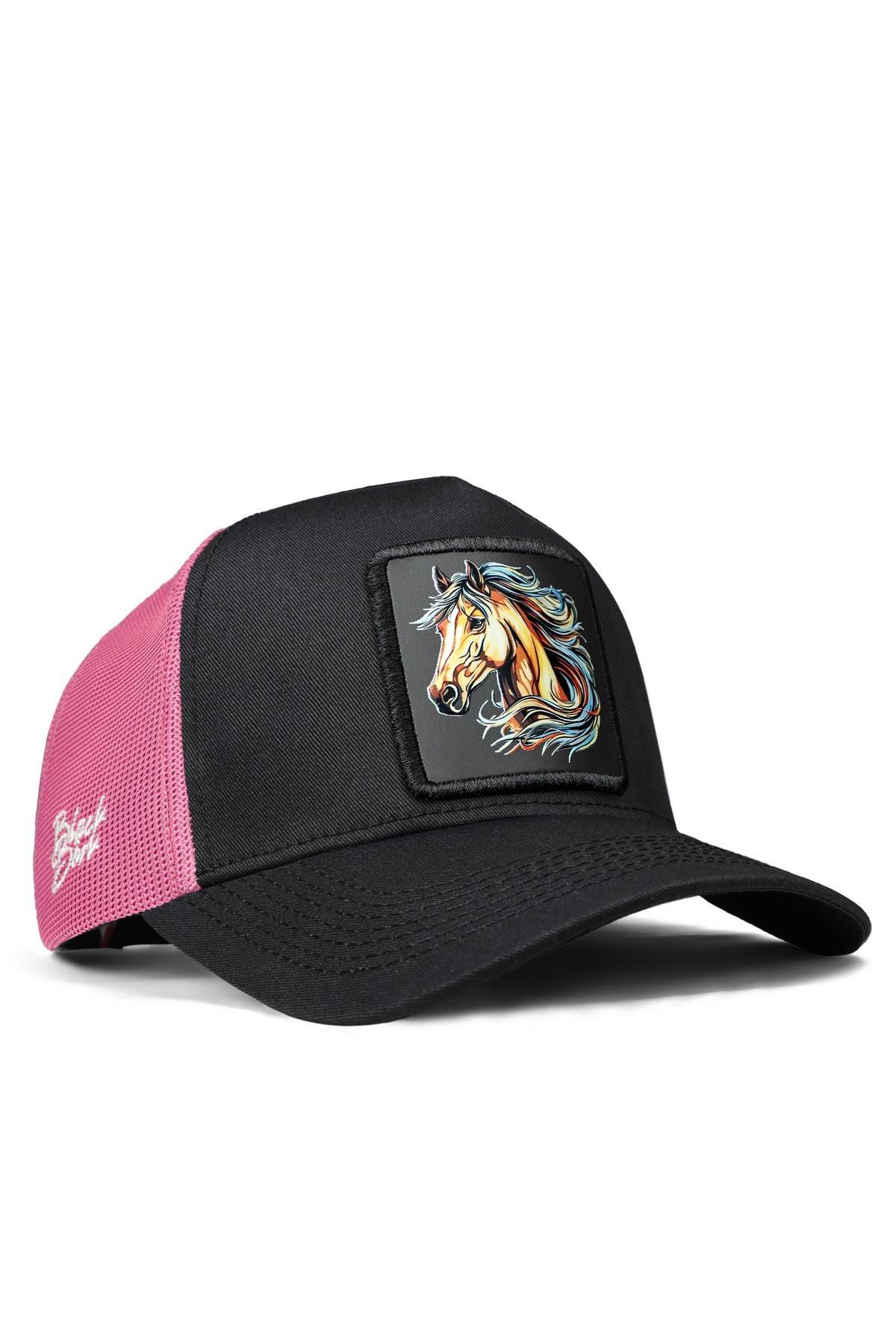  BlackBörk, At Logolu Siyah-Pembe Trucker Şapka, Unisex