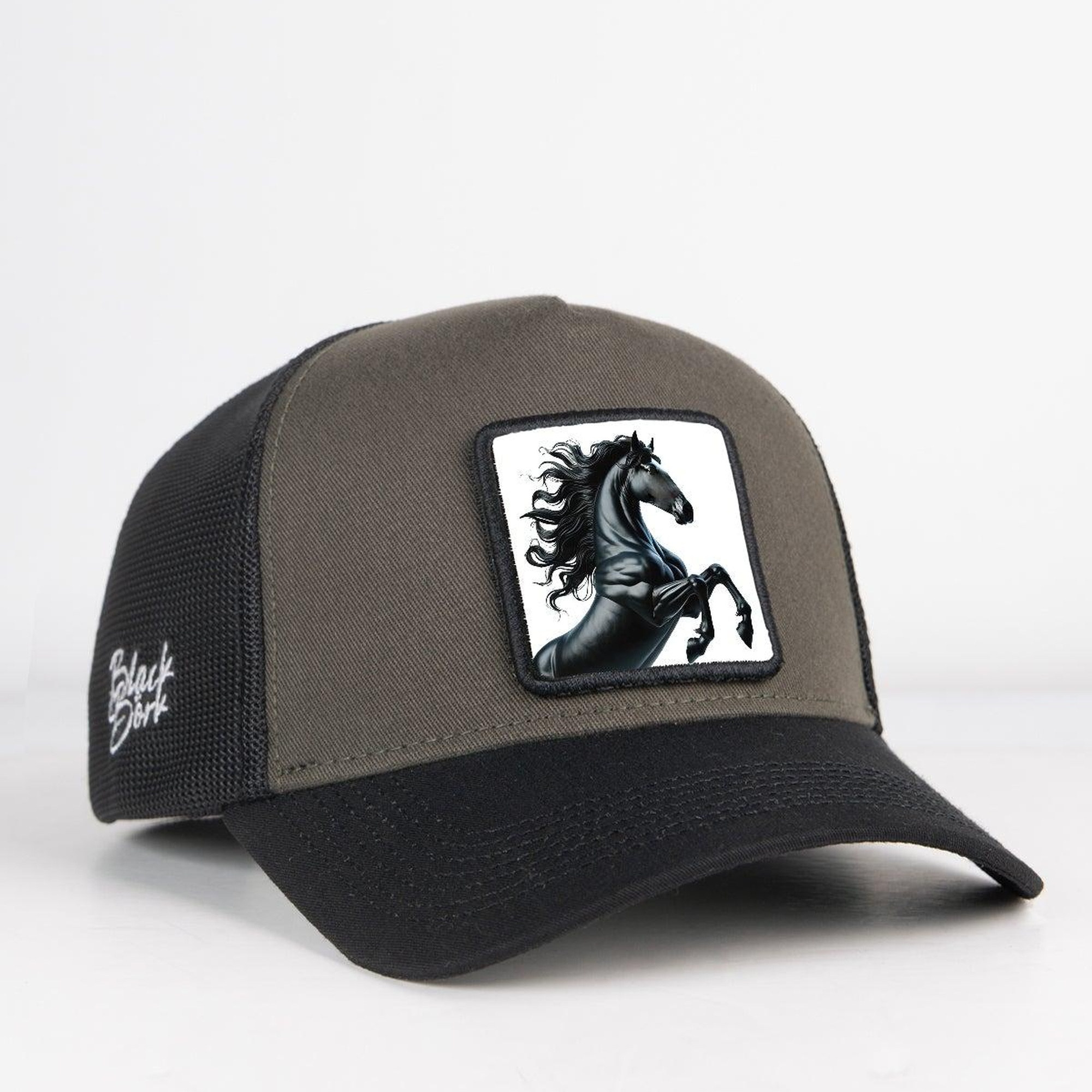 BlackBörk, At Logolu Siyah-Haki Trucker Şapka, Unisex