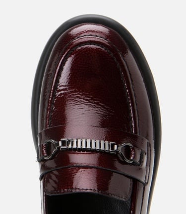  Kadın Rugan Deri Bordo Tokalı Şık Klasik Loafer