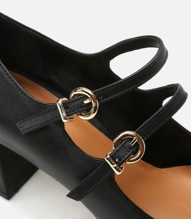  Kadın Deri Mary Jane Siyah Kalın Topuk