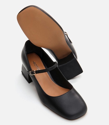  Kadın Deri Mary Jane Siyah Kalın Topuklu Ayakkabı