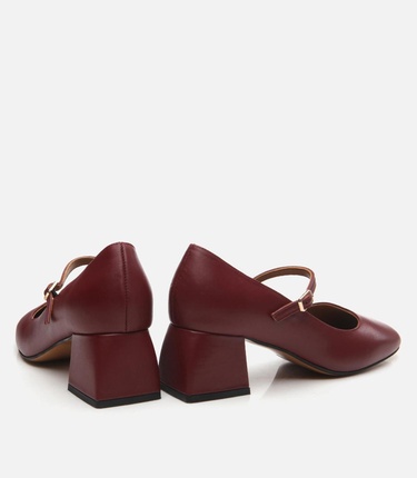  Kadın Deri Mary Jane Bordo Kalın Topuklu Ayakkabı