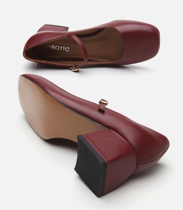  Kadın Deri Mary Jane Bordo Kalın Topuklu Ayakkabı