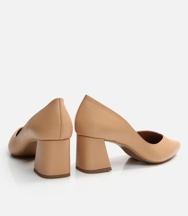  Kadın Deri Bej Kalın Topuklu Ayakkabı