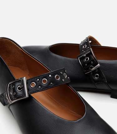 Kadın Deri Siyah Mary Jane Kemerli Babet