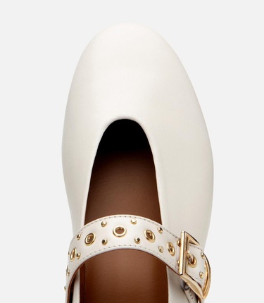  Kadın Deri Ekru Mary Jane Kemerli Babet