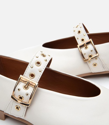  Kadın Deri Ekru Mary Jane Kemerli Babet