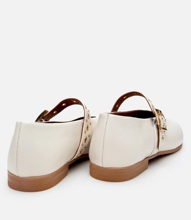  Kadın Deri Ekru Mary Jane Kemerli Babet