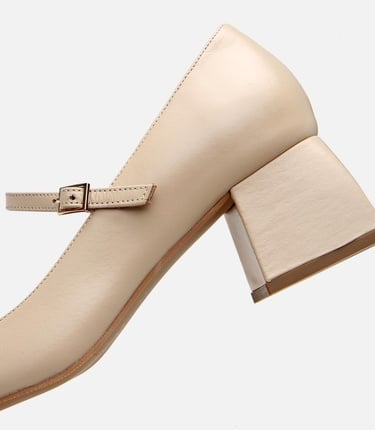  Kadın Deri Bej Mary Jane Kalın Topuklu Ayakkabı