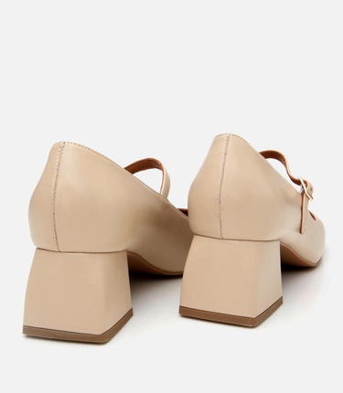  Kadın Deri Bej Mary Jane Kalın Topuklu Ayakkabı