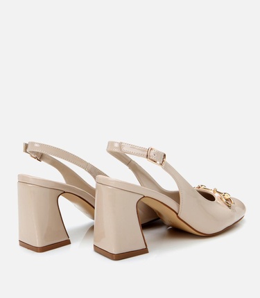  Kadın Rugan Bej Arkası Açık Kalın Topuklu Ayakkabı