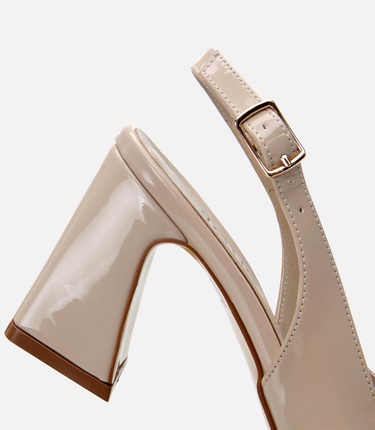  Kadın Rugan Bej Arkası Açık Kalın Topuklu Ayakkabı