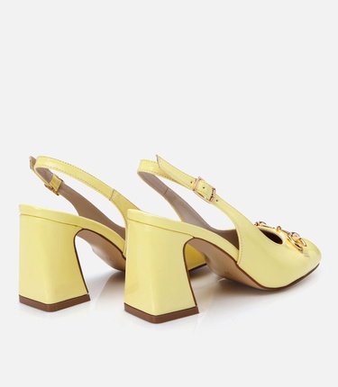  Kadın Rugan Sarı Arkası Açık Kalın Topuklu Ayakkabı