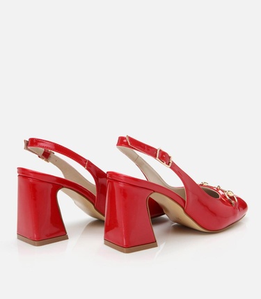  Kadın Rugan Kırmızı Arkası Açık Kalın Topuklu Ayakkabı