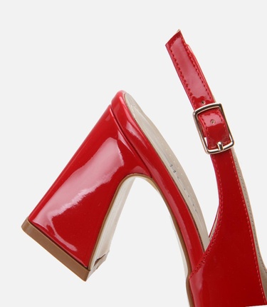  Kadın Rugan Kırmızı Arkası Açık Kalın Topuklu Ayakkabı