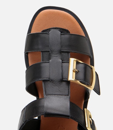  Kadın Deri Siyah Kemerli Düz Sandalet