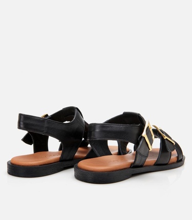  Kadın Deri Siyah Kemerli Düz Sandalet