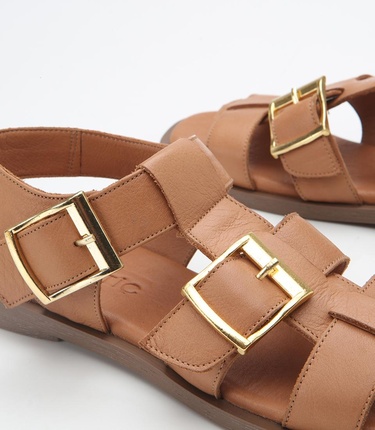  Kadın Deri Taba Kemerli Düz Sandalet