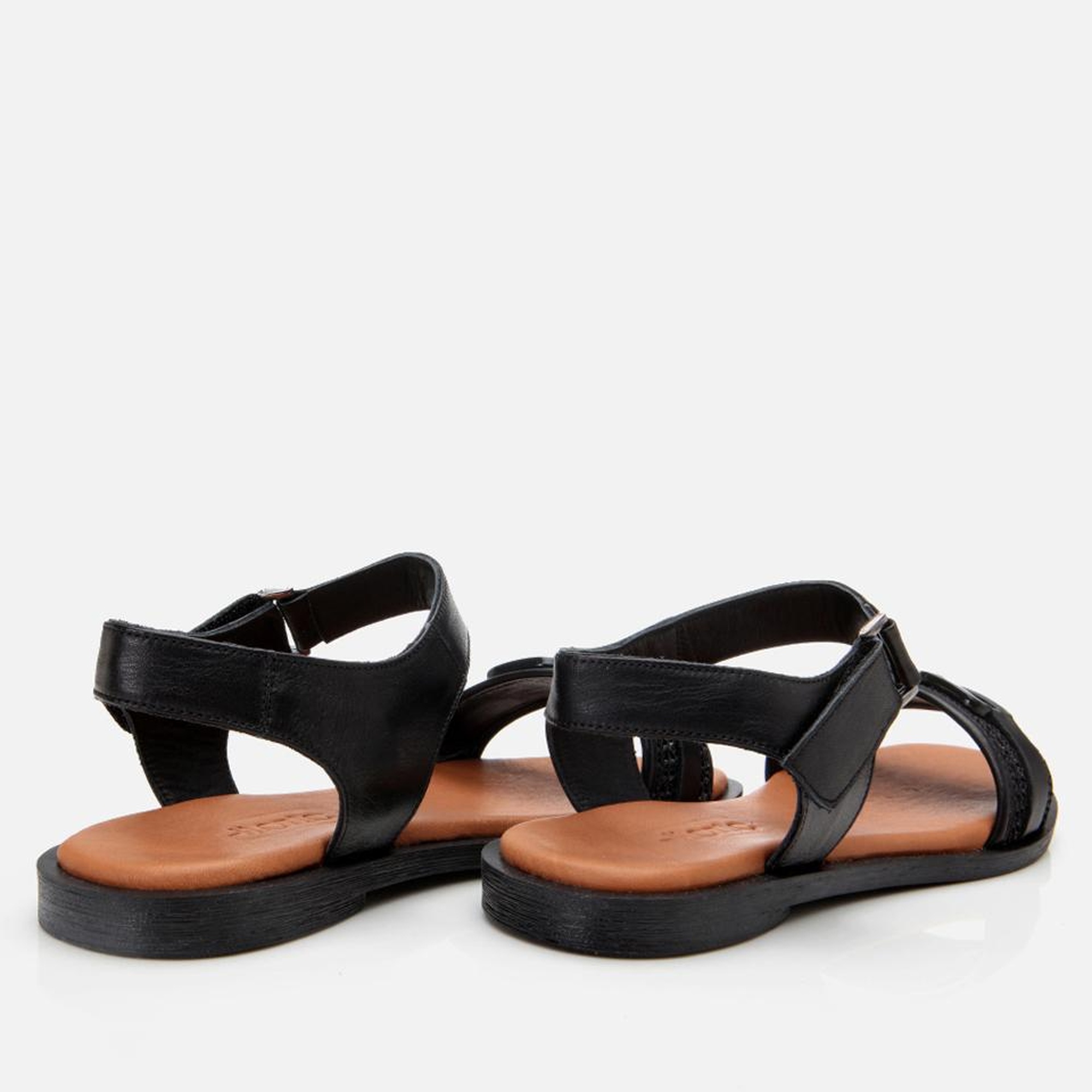 Kadın Deri Siyah Hasır Detaylı Düz Sandalet