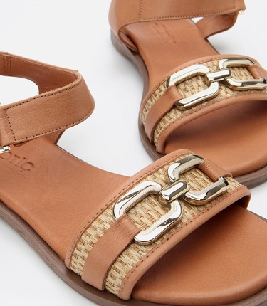  Kadın Deri Taba Hasır Detaylı Düz Sandalet