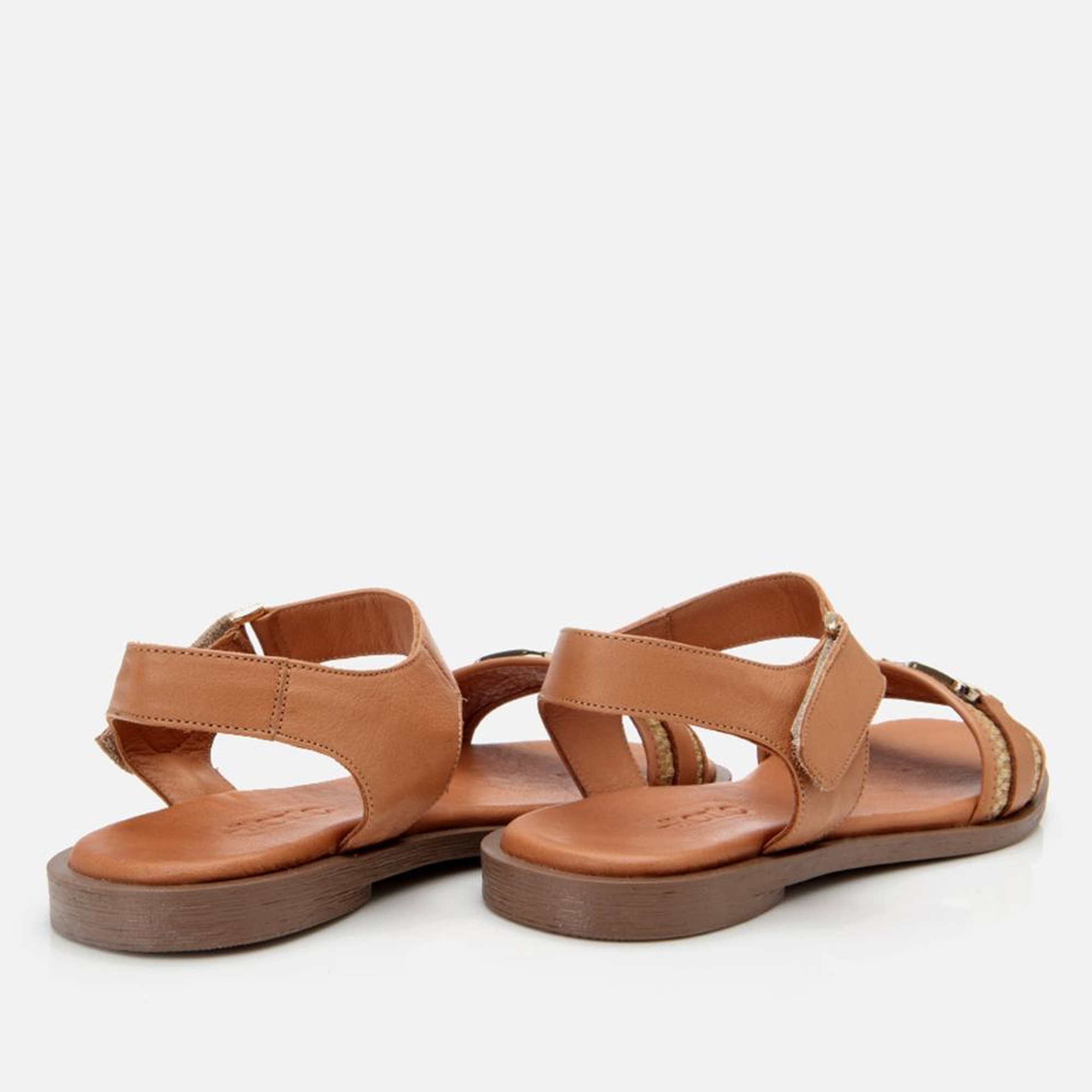 Kadın Deri Taba Hasır Detaylı Düz Sandalet