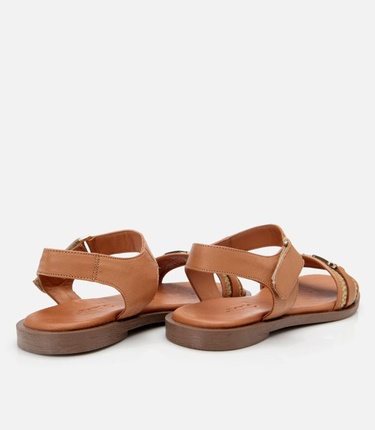  Kadın Deri Taba Hasır Detaylı Düz Sandalet